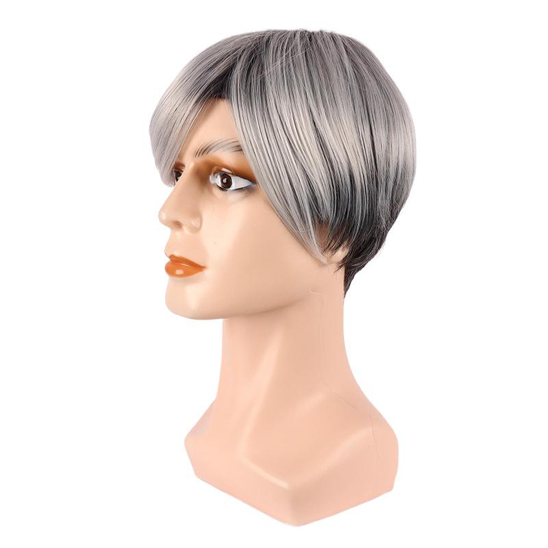 Synthetic Dark Root Ombre Grey Hair Wig for Men Cosplay Costume Anime Natural Ash Blonde Wigs Short Wave Old Man Wig with Bangs