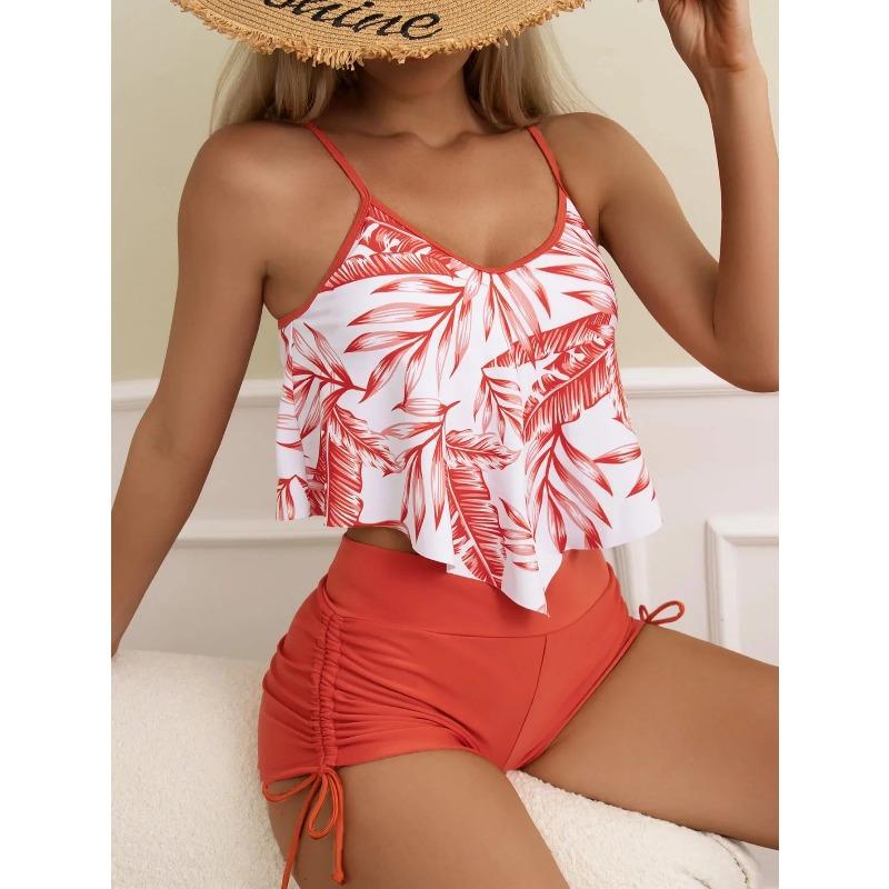 2026 New Sexy Swimwear High Waist Two Piece Bikini Leaf Print Swimsuit Tight Sling Beachwear Summer Women's Seaside Bathing Suit