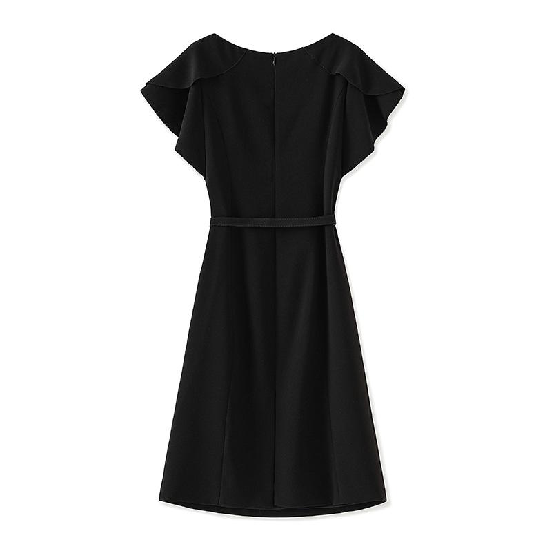 High-End Round Neck Studded Ruffle Sleeve Waist-Cinching Dress for Women - Summer Fashion