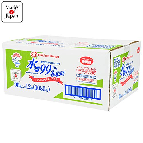 Akachan Honpo Baby Honpo 99% Water Super Flushable Baby Wipes, 90 Sheets X 12 Packs