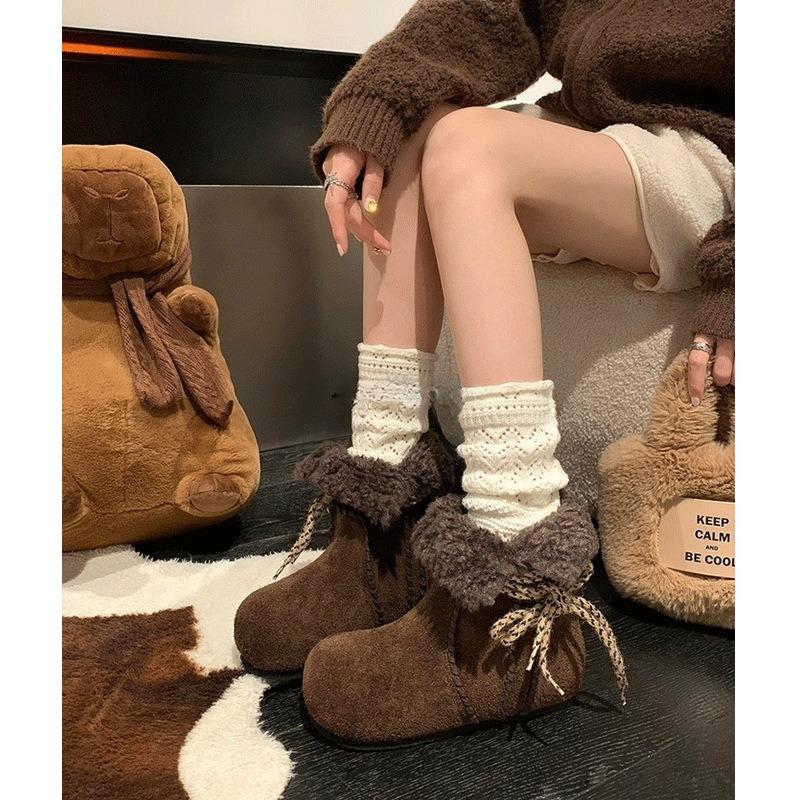Leather Fluffy Snow Boots Women's Cotton Shoes Winter New Thick-soled Big-head Martin Boots Velvet Warm Boots