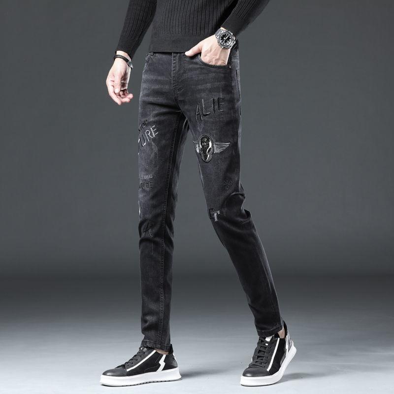 Černé džíny pánské podzimní high-end trendový potisk výšivkou Tenké jarní a podzimní modely small foot jeans kalhoty