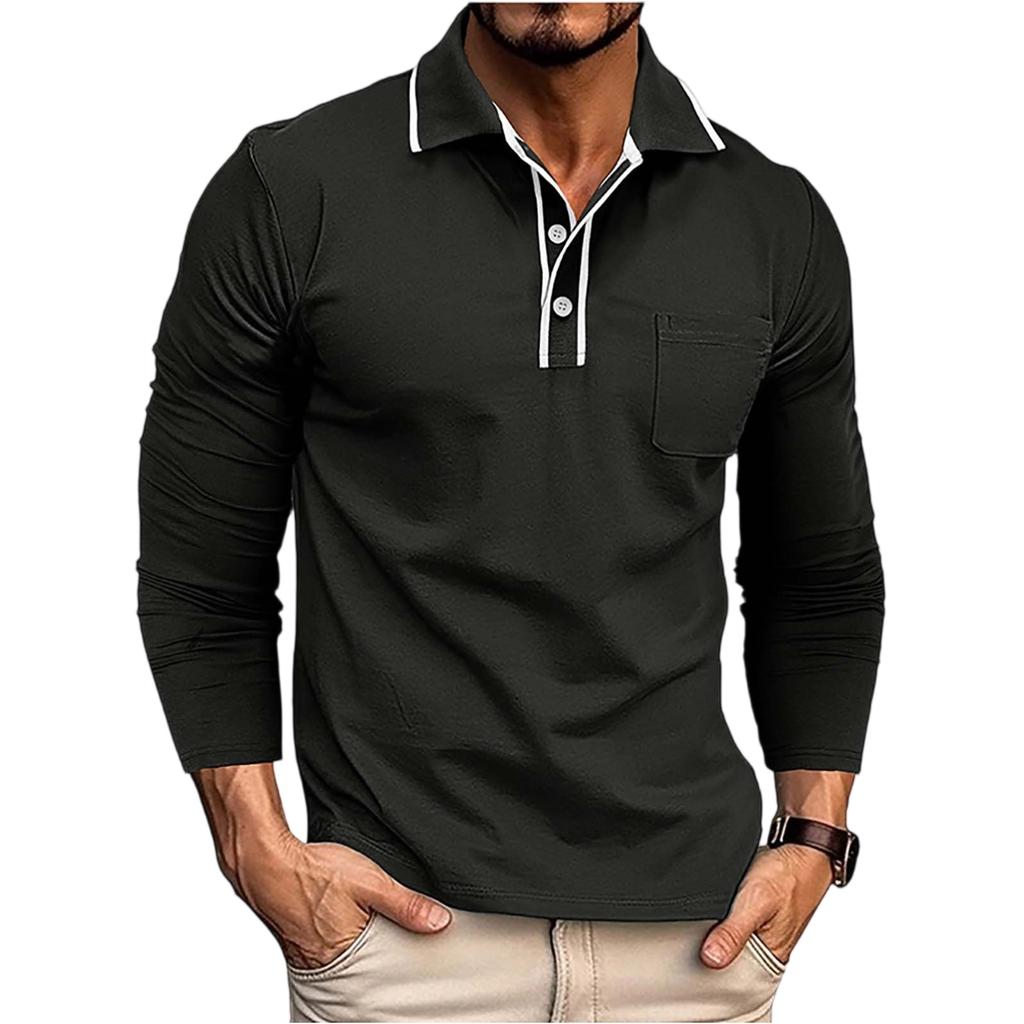 Men's Spring And Solid Color T-shirt Lapel 3 Button Open Placket Button Long Sleeved Top