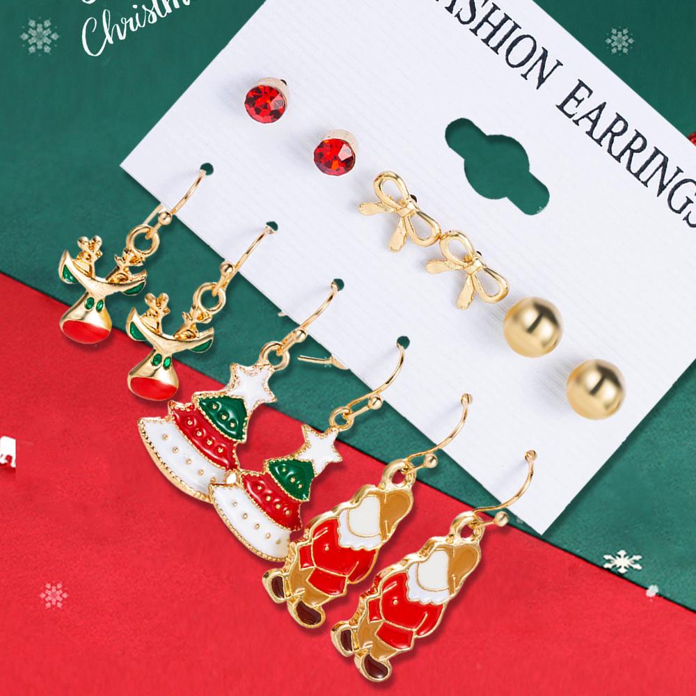 6 Pairs Of Women Earrings Christmas Series Christmas Tree Snowman Deer Pattern Earrings Fashionable Cute And Simple Accessories