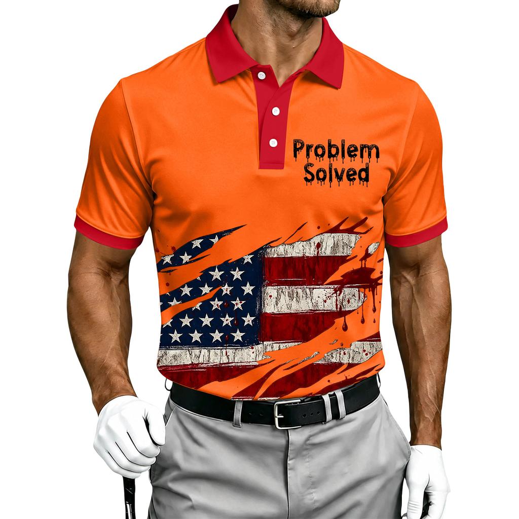 Men's Short Sleeve Polo Shirt Halloween Flag Print Casual Button Down Collar Top Lightweight Breathable Fabric Summer Wear
