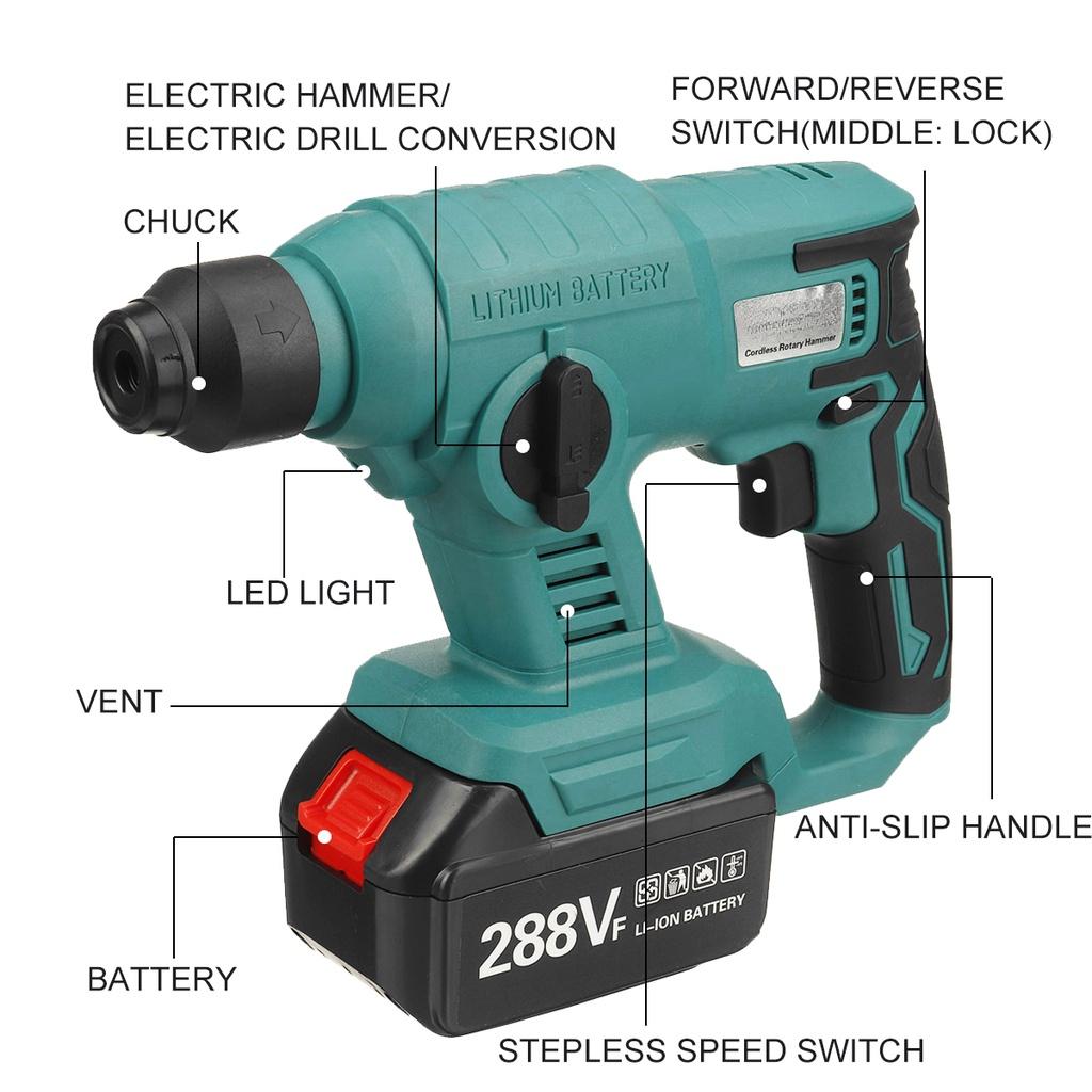 288VF 3 In 1 Impact Drill Power Tool with Battery Multifunction Cordless Electric Rotary Hammer Drill Hammer