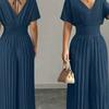 Pantaloni a gamba larga a vita alta alla moda, eleganti, tinta unita, scollo a V, manica corta, plissettati, tuta intera da donna, stile da pendolare