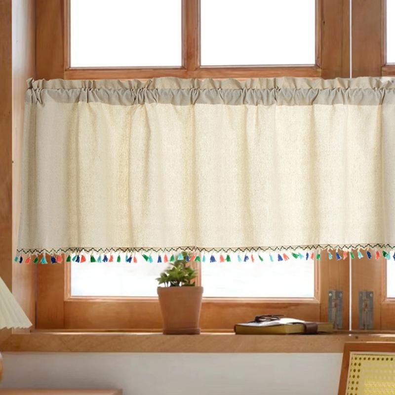 Short Curtain With Colorful Tassels For Home Decors Semi Sheer Window Drape Valance Panel Easy Installation Rod Pocket