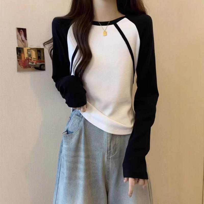 Early Autumn Winter New Contrasting Color Raglan Long-sleeved Cotton T-shirt Women's Inner Layering Shirt Slim Top