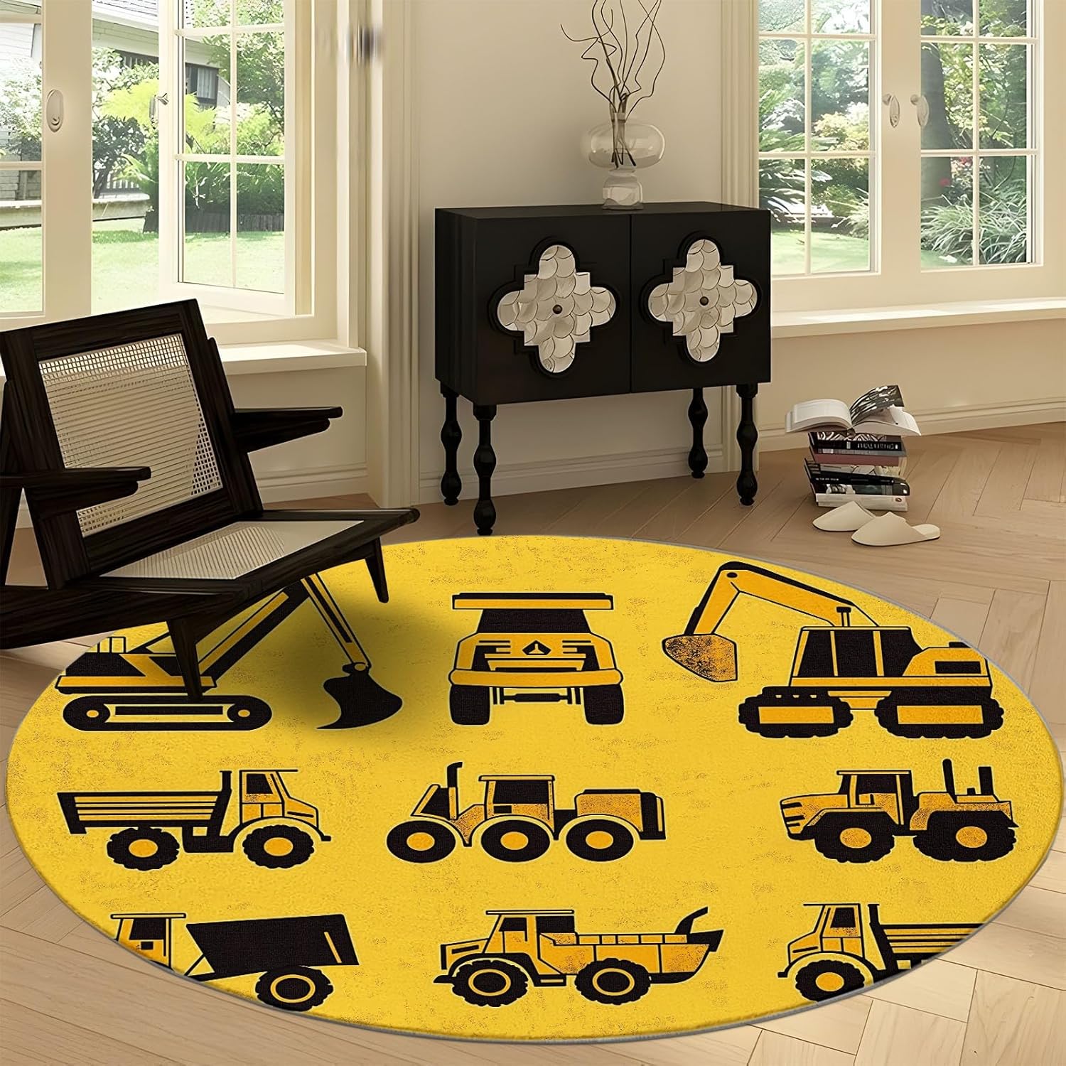 

Engineering Vehicles Print Round Rug,Cartoon Toy Car Washable Circular Carpet Runner Slip Circle Area Rug Carpet Absorbent Mat 100cm