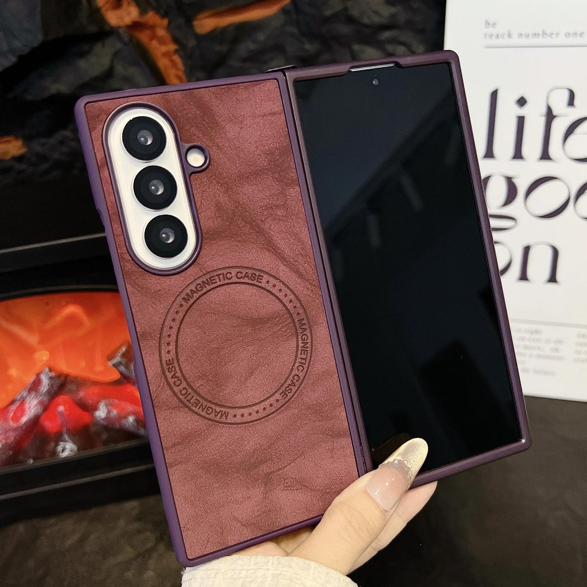 

Роскошный деловой ретро чехол для телефона с узором овчины для Samsung Galaxy Z Fold 7 6 5 4 3, беспроводная зарядка, магнитная задняя крышка Galaxy Z Fold5 бежевый