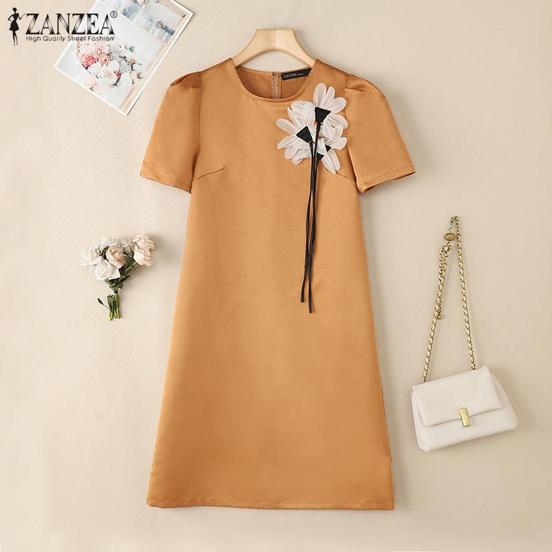 ZANZEA Rochie Casual de Vară cu Mânecă Scurtă pentru Femei, cu Patchwork Floral