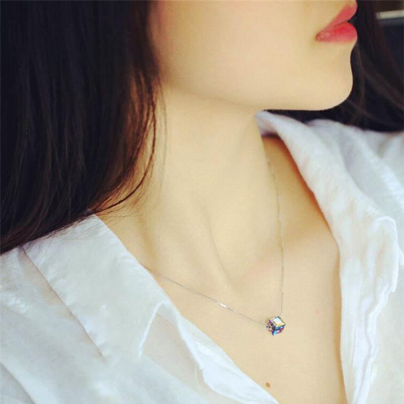 Geometric Square Colorful Zircon Crystal Necklaces For Women Korean Fashion Sexy Female Clavicle Chain Pendant Necklace Jewelry