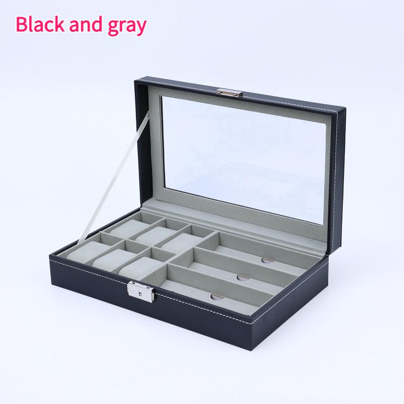 

Elegant Faux Leather Watch and Glasses Organizer Box with Mirro Display Case Fashion Glasses Storage Box with Lock Buckle Travel