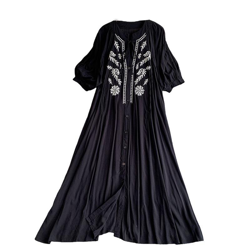 Slack style elegant lace-up round neck lantern sleeve dress women's summer loose belly cover and thin retro embroidery dress