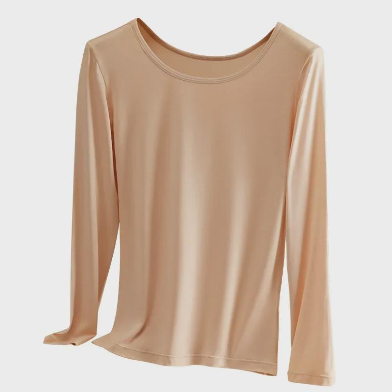 Top cu mâneci lungi din modal pentru femei, cu gât rotund – Pulover subțire de toamnă/iarnă, mărime mare