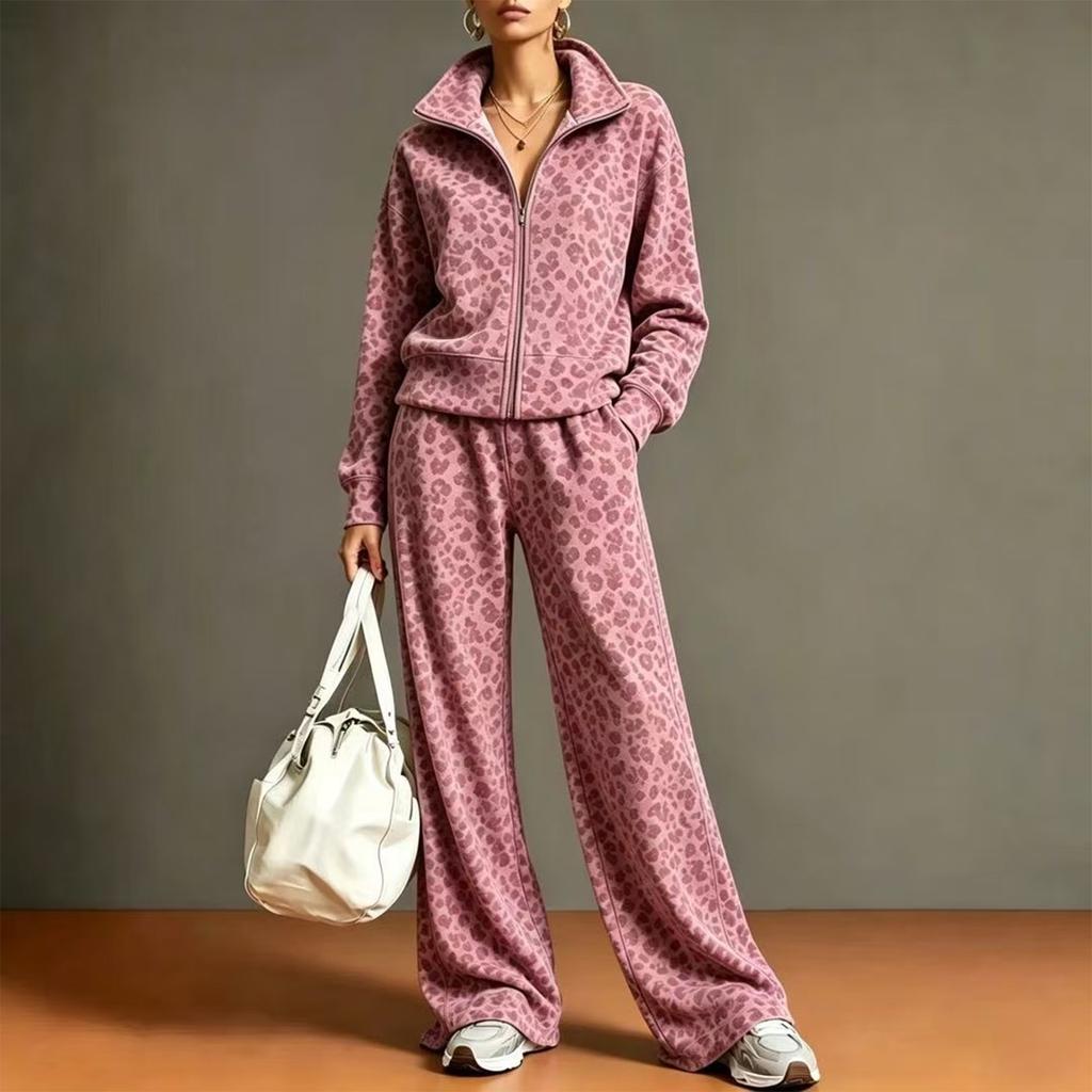 Women's Leopard Print Two-Piece Set with Zip-Up Stand Collar Top and Wide Leg Pants