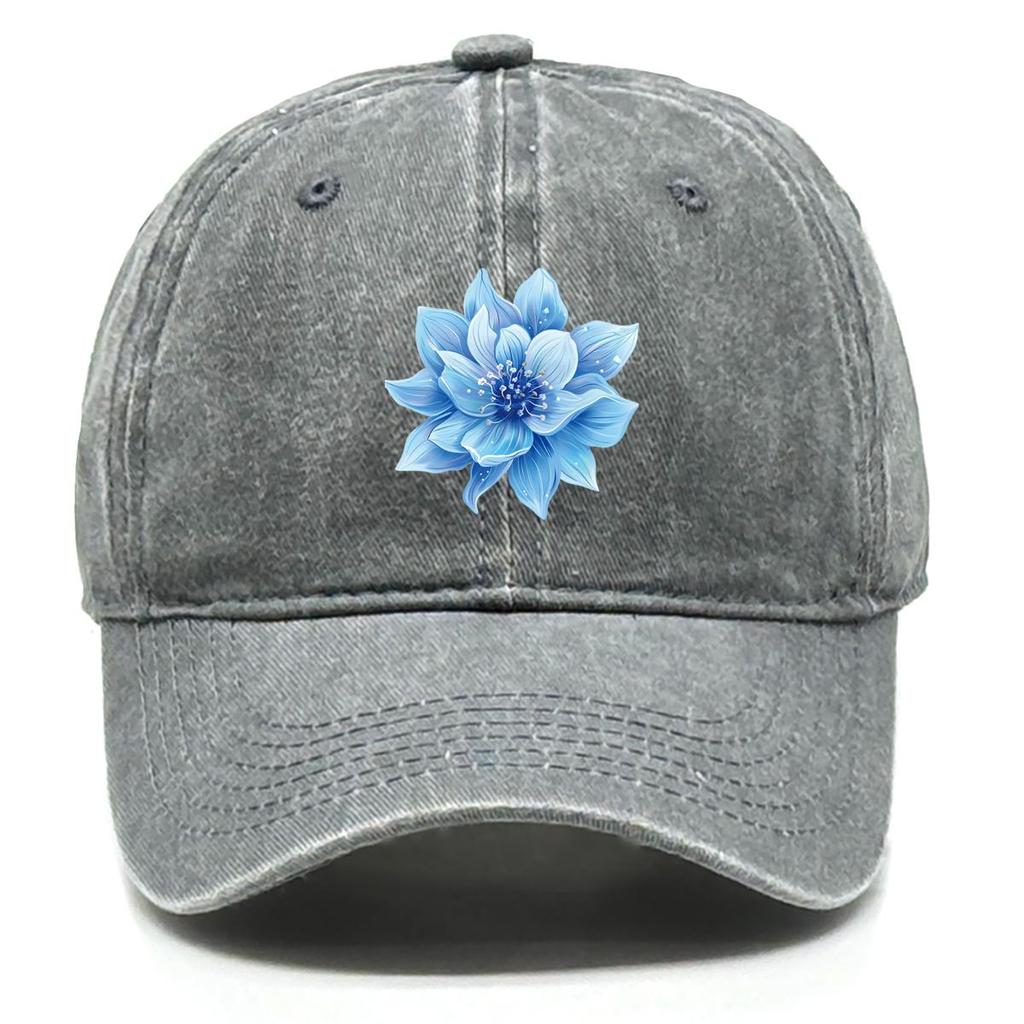 Blue Flower Print Adjustable Baseball Cap, Trucker Hat Raw Brim Simple Retro Casual Snapback Sun Hat