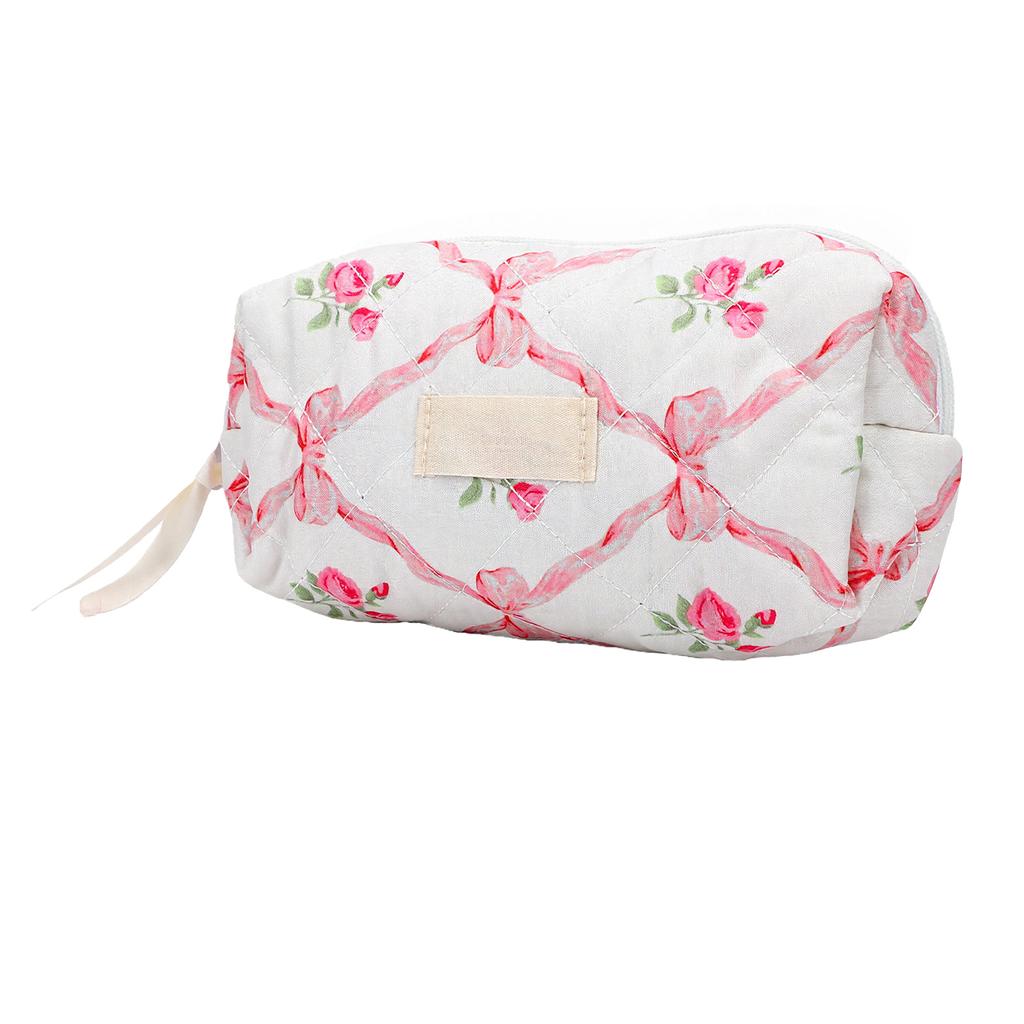 Quilted Travel Makeup Bag Floral Aesthetic Toiletry Pouch Cute Bow Cotton Cosmetic Bag for Women Girls