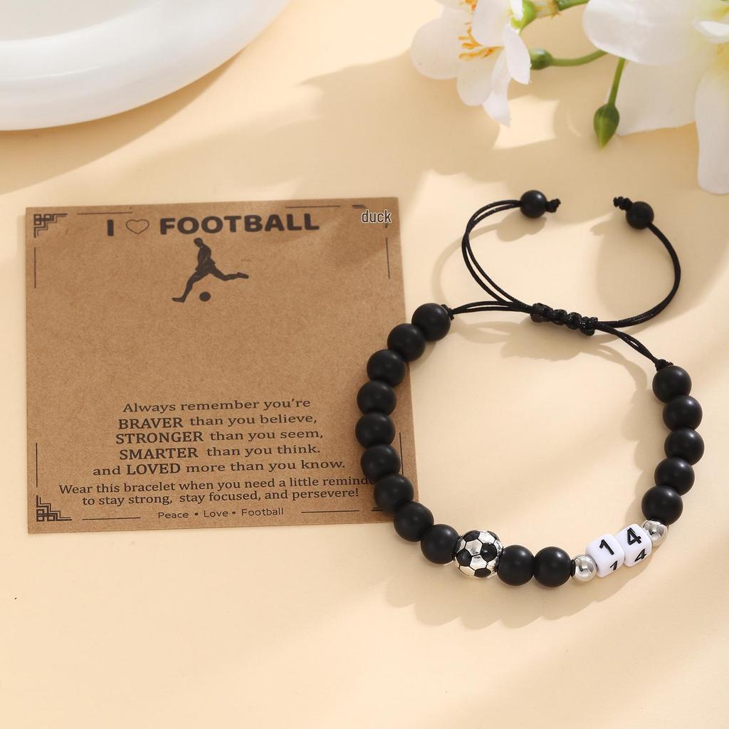 Men's Adjustable Black Matte Stone Beaded Bracelet - Football Number Birthday Gift