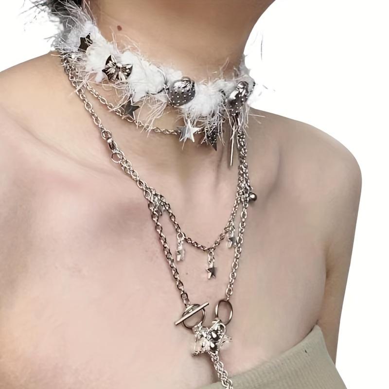 

Многослойное колье-чокер с подвеской в ​​виде звезды, модное пушистое ожерелье с воротником на пуговицах, милые роскошные эффектные украшения в стиле отпуска белый