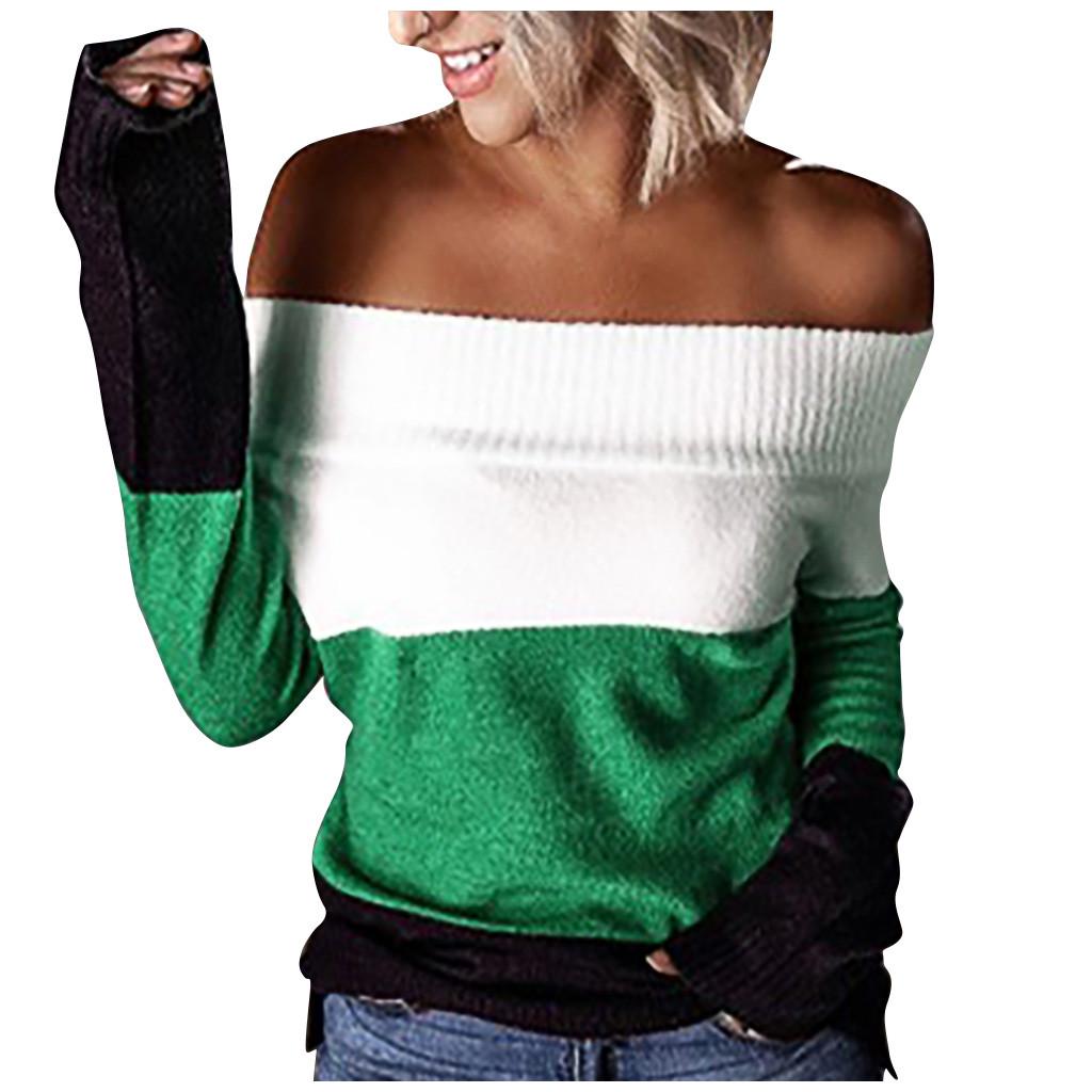 

(SU)Мода женщин полосы patchwork без бретелек Длинные рукава Топы Pullover свитер