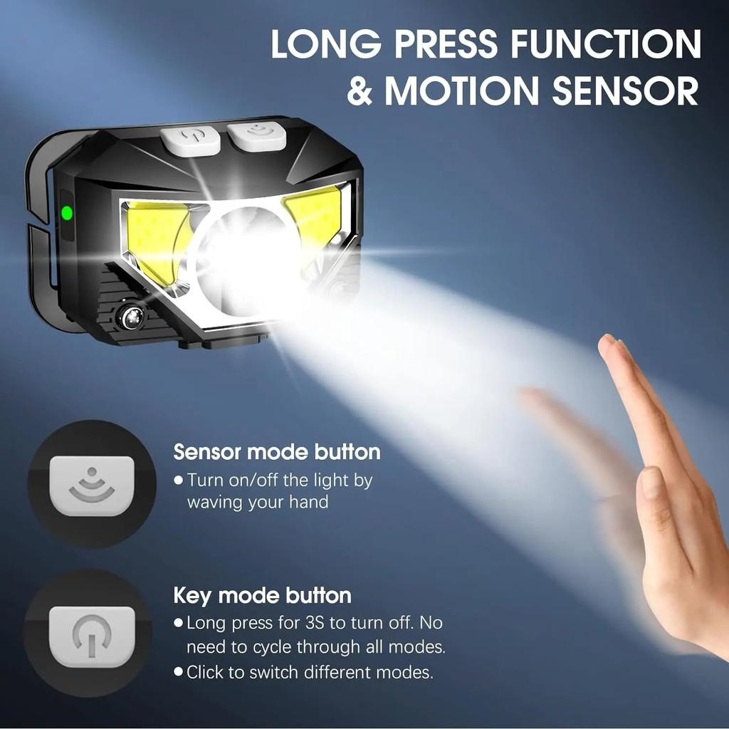 8 Modes LED Headlamp with Motion Sensor COB Flashlight Powerful Headlight for Camping Fishing Handheld Torch Head Light