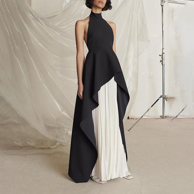 Conjunto de Vestido Feminino da Moda Longo Gola Redonda Sem Mangas Cintura Slim Irregular Slim