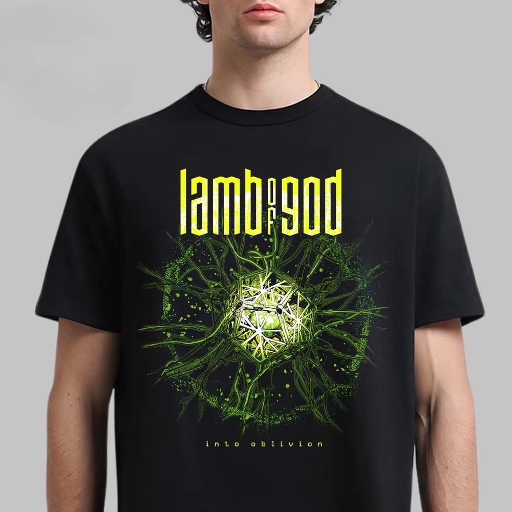 Lamb Of God Into Oblivion Graphic Tee Featuring Geometric Energy Core Art Heavy Metal Streetwear Casual Unisex Top