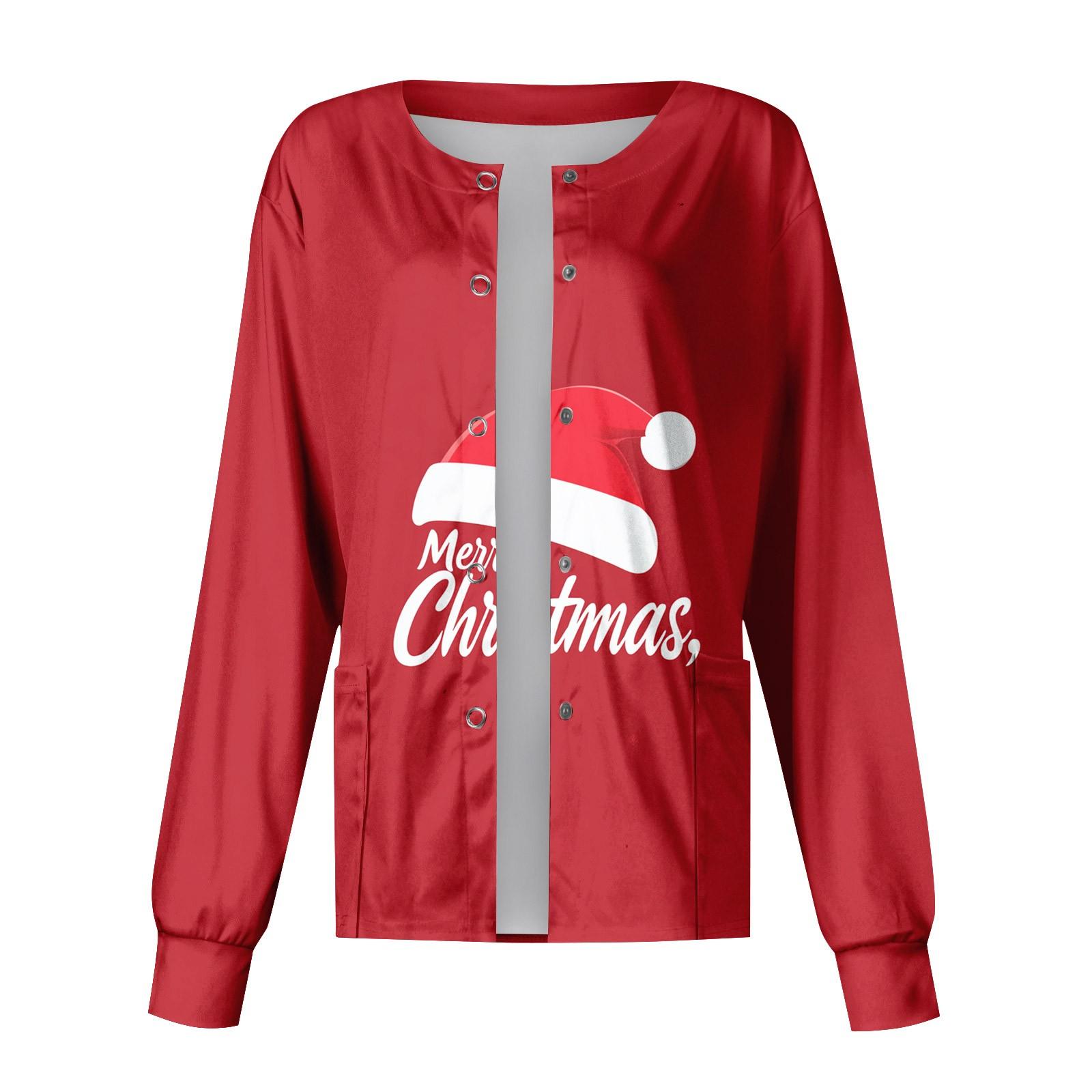 

Женский однобортный защитный комбинезон с длинным рукавом и рождественским принтом, карманный рабочий воротник-стойка, кардиган, куртка, топ M