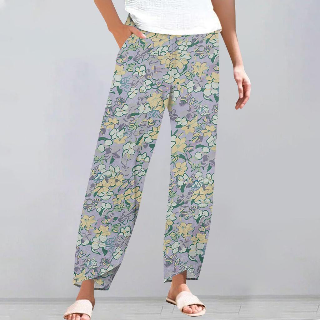 Pantaloni da donna estivi casual a gamba larga con elastico in vita e tasche