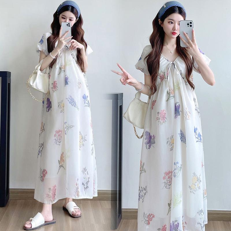 2026 Maternity Summer V-Neck Lace-Up Waist Long Casual Dress XL