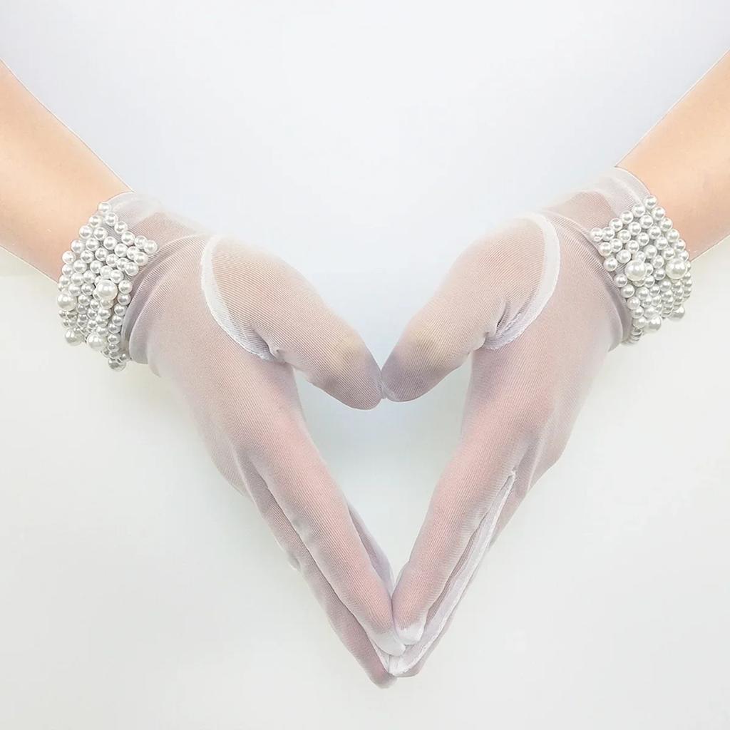 New Fashion Bride Wedding Dress Gloves Lace Satin Pearl Party Women Beads Short Gloves White Gloves