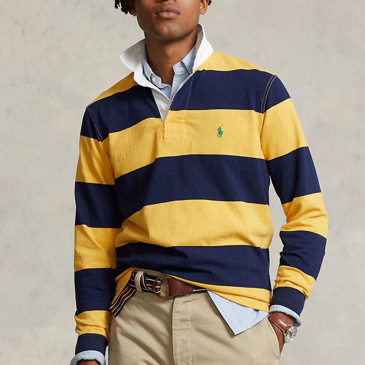 Polo Ralph Lauren SS23 Striped Detail Pullover Long Sleeve Polo Shirt Men tops Yellow Navy-Blue MNPOKNI16822768-700