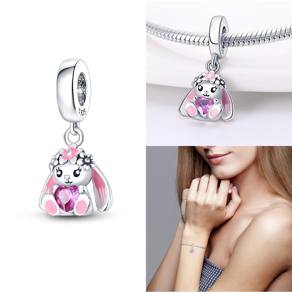 Copper Charms Original Pink Zircon Heart Butterfly Castle Rabbit Beads Fit Bracelet Women Accessories Diy Jewelry Gift