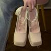 2025 New Korean Style Fashion Square Toe Women's Pumps Sweet Beaded  Jane Shoes Elegant Wedding Bridal Shoes Plus Size 34-42
