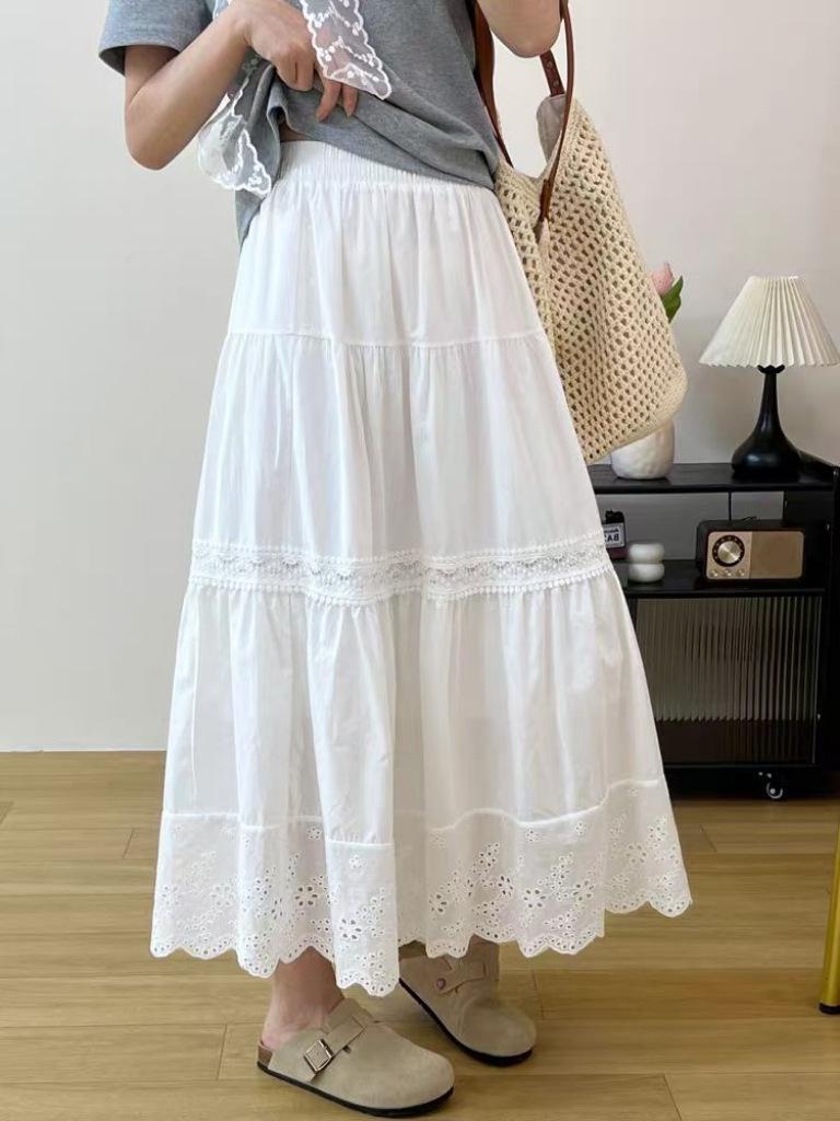 Elegant White Lace Patchwork A-line Midi Skirt for Women - Slimming Spring Style One Size белый