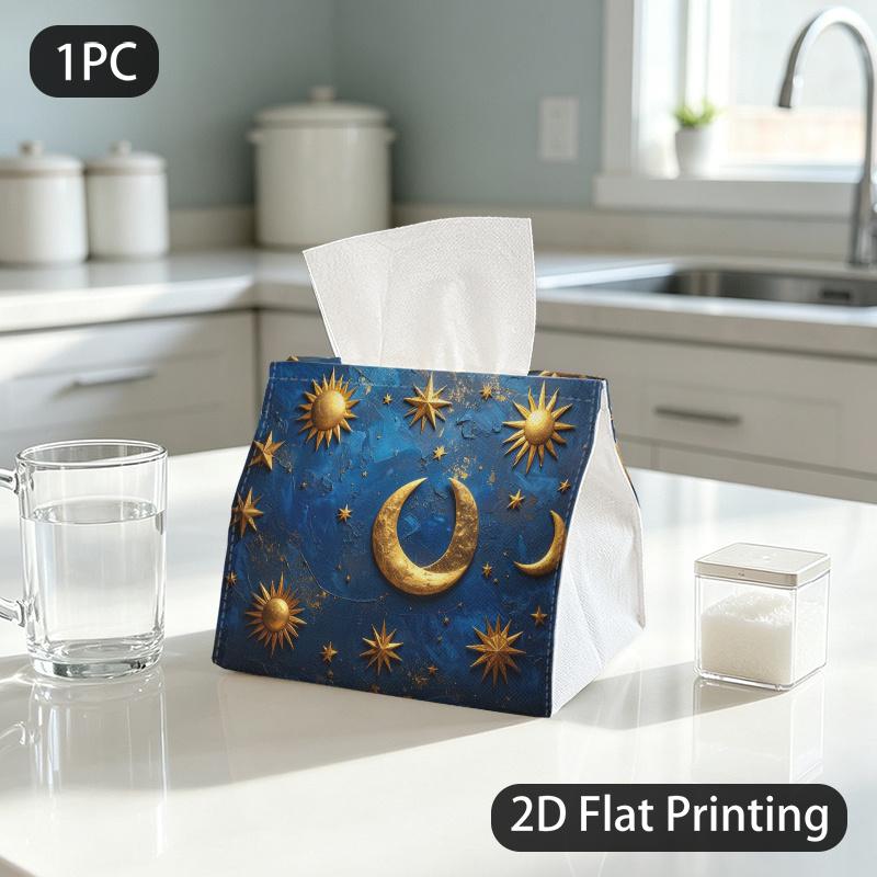 1pc Elegant Celestial Tissue Box with Golden Sun Moon Stars Pattern - Luxurious Suitable For, Cafe, Office Decor - Compact Portable Tissue Organizer,