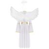 Womens Angel Cosplay Costume Long Sleeve Gold Trim Angel Dress Gown Feather Wings Headwear Set