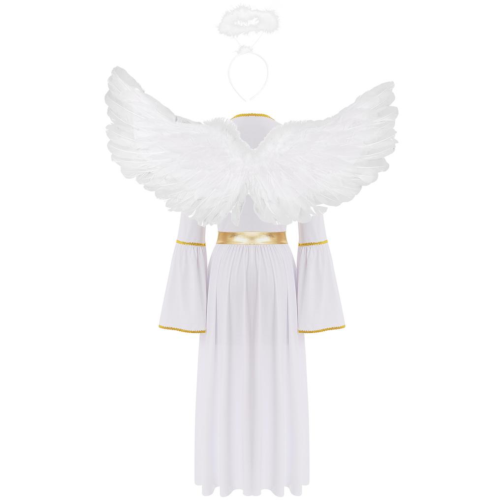 Womens Angel Cosplay Costume Long Sleeve Gold Trim Angel Dress Gown Feather Wings Headwear Set