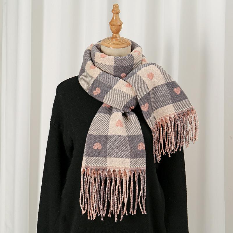 Autumn and Winter Hot-selling New Love Imitation Cashmere Versatile Scarf Women's Warm Thickened Cold-proof Plaid Fringed Shawl