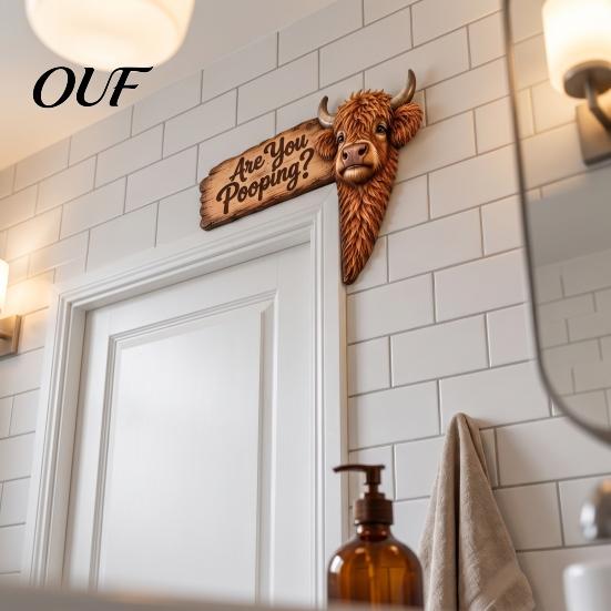 Cute Animal Door Ornament Funny Highland Cow Topper Sign, Are You Pooping Bathroom Decor, Farmhouse Style Accessories Peeking Corner for Restroom Home