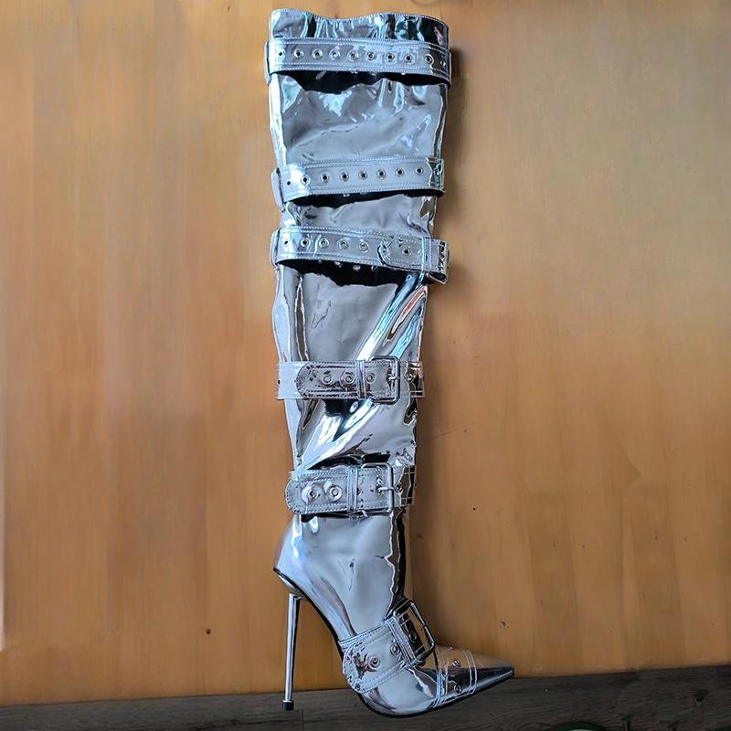 Fashion New Hollow Out Rivet Belt Buckle Red Black Over The Knee Boots Hot Girl Sexy Punk Style Pole Dance Pointed High-heel Long Boots