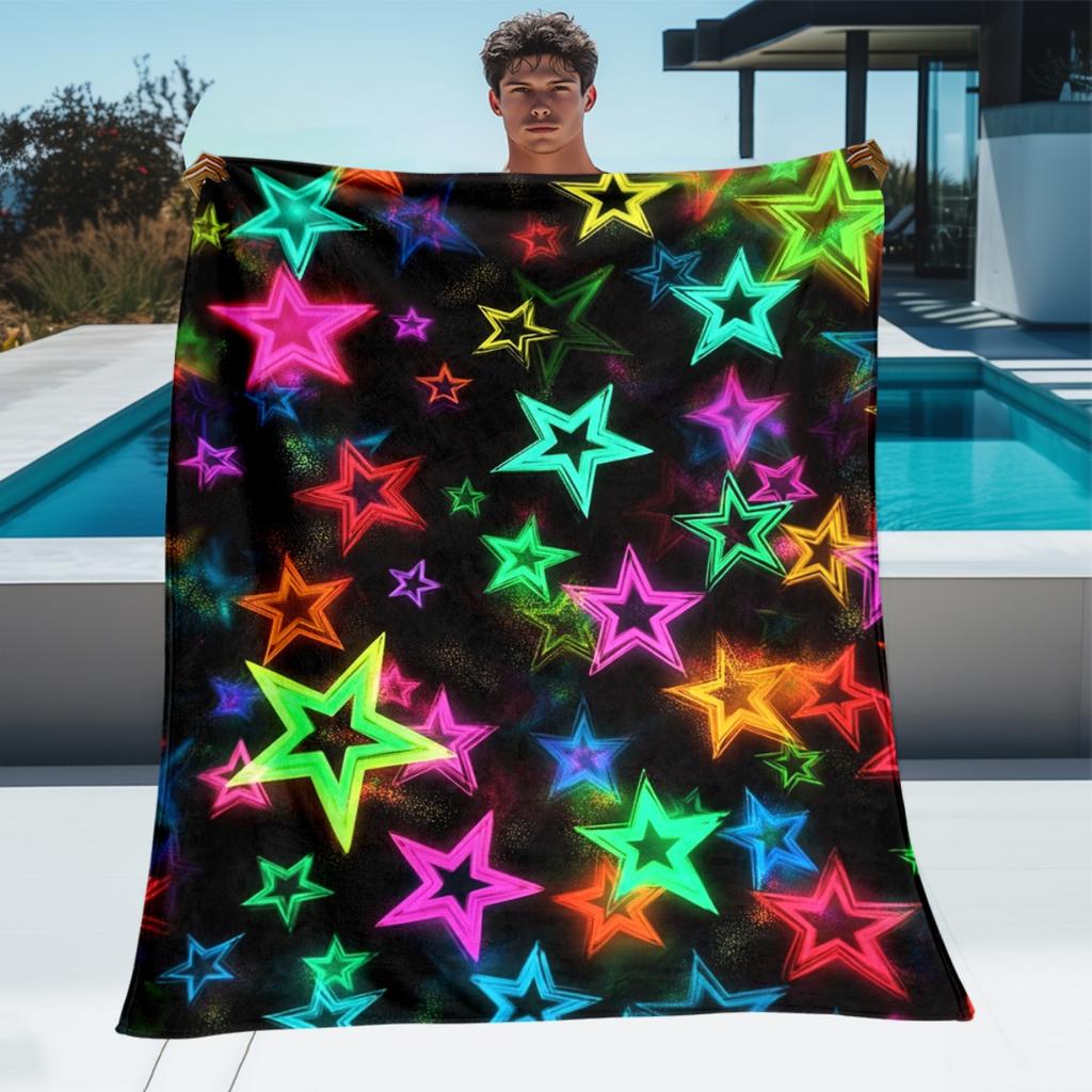 1pc Neon Stars Black Background Galaxy Pattern Flannel Blanket Colorful Soft Throw Blanket for Teen Room Party Decor Gift