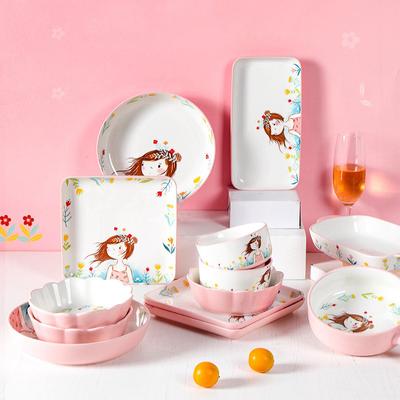 Nordischer Stil Niedliches Mädchenmuster Keramik Teller Schüssel Set Dessert Obst Gemüse Salat Speiseteller Westernstil Steak Geschirr