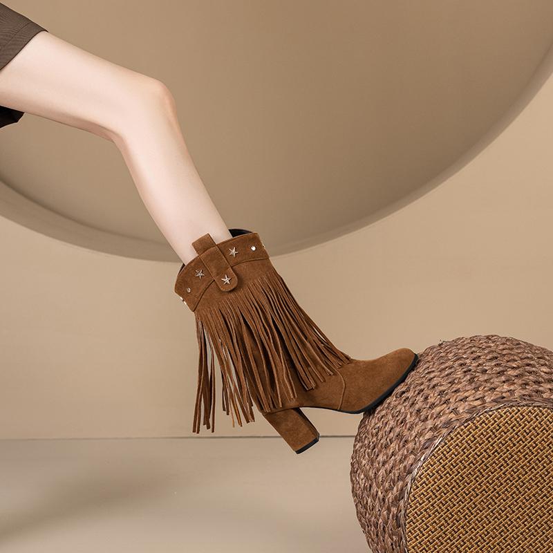 Women's high-heeled short boots autumn and winter new thick-heeled large-size fringed short boots