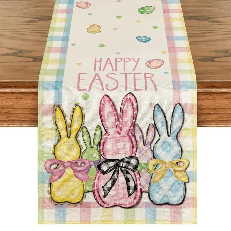 New Linen Happy Easter Table Runner Egg Rabbit Easter Tablecloth Bunny Placemat Dining
