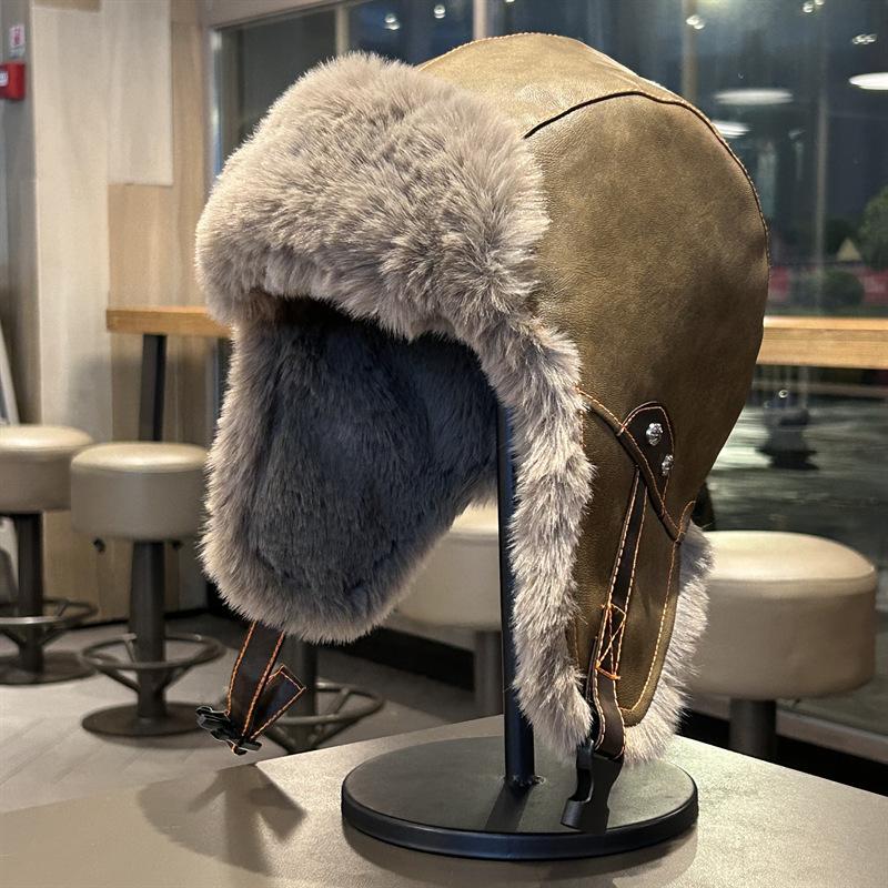 Leather Retro Lei Feng Hat for Men and Women In Winter Plus Velvet Thickened Warm Ear Protection Northeast Outdoor Cycling Cold Snow Hat