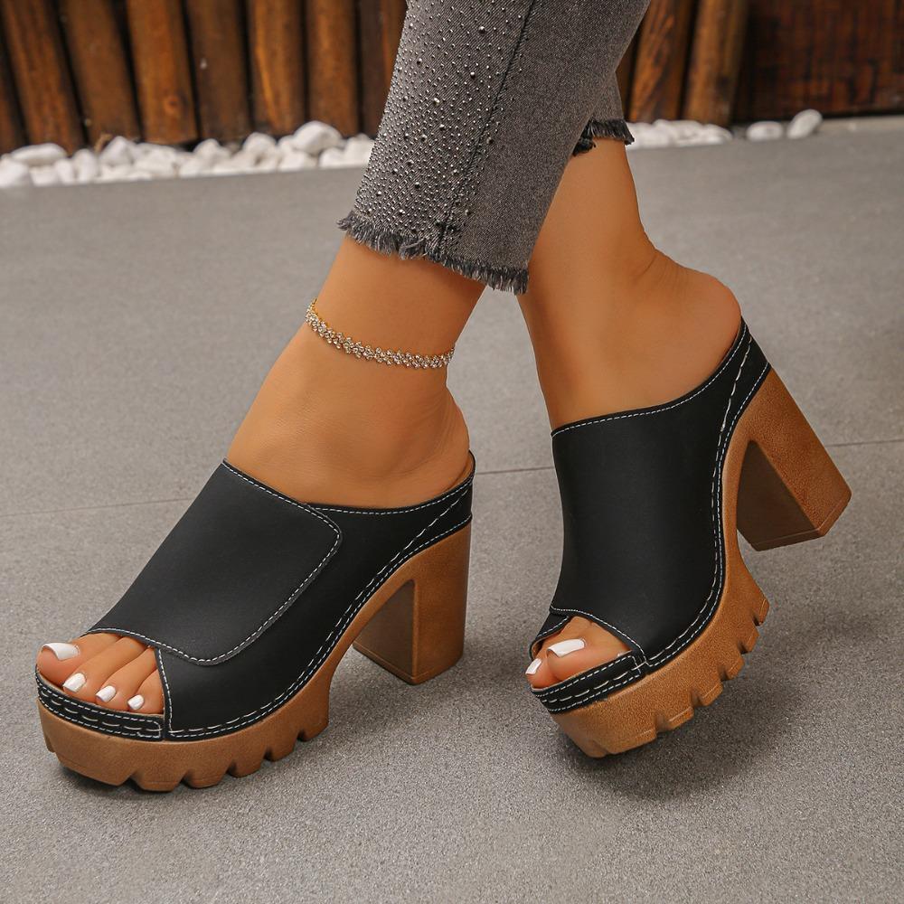 Plus Size Women Summer One Strap Thick Platform Chunky Heel Fish Mouth Slide Sandals Open Toe Height Increasing Beach Outdoor Shoes