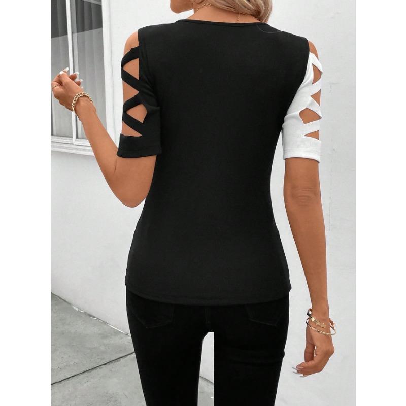 Women's Fashion Casual Summer Spring Colour Block Print Short Sleeve O-Neck Blouses & Shirts
